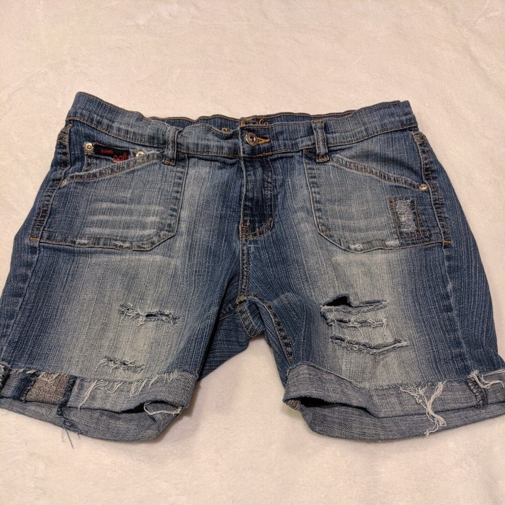 Southpole Jean Shorts Women's Juniors 13 Blue Cuffed Embroidered Stretch 33x6